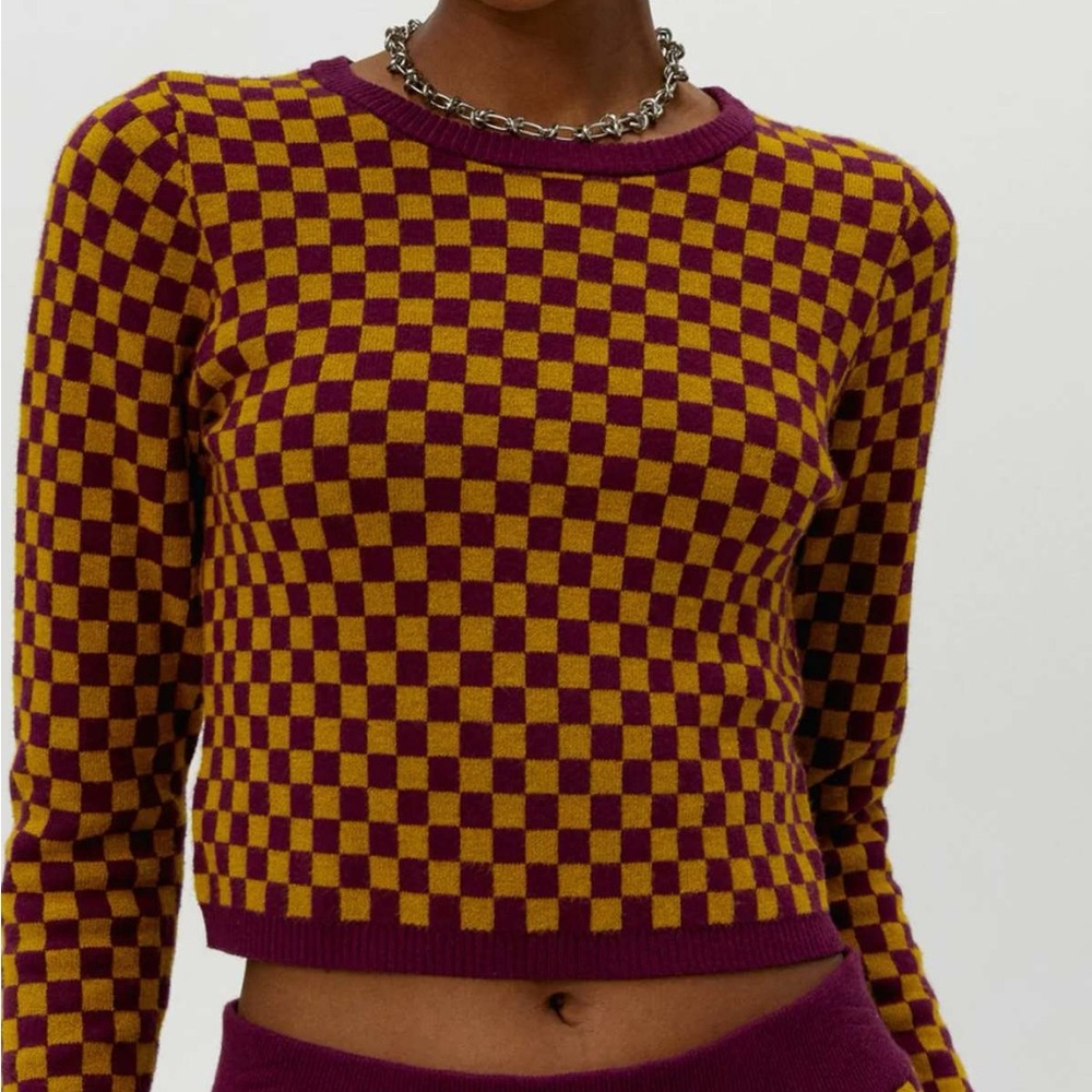 DAYDREAMER NWT M Fig Check Fitted Cropped Pullover Crew Sweater Soft Stretch Y2K